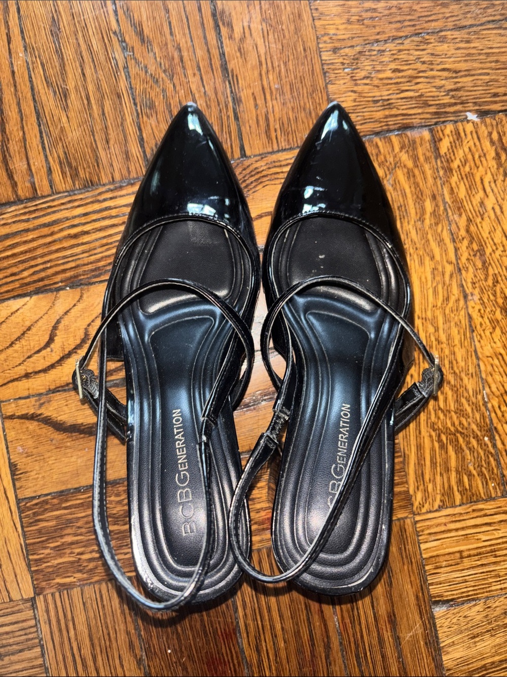 BCBGeneration Black Patent Pointed Toe Slingback Flats